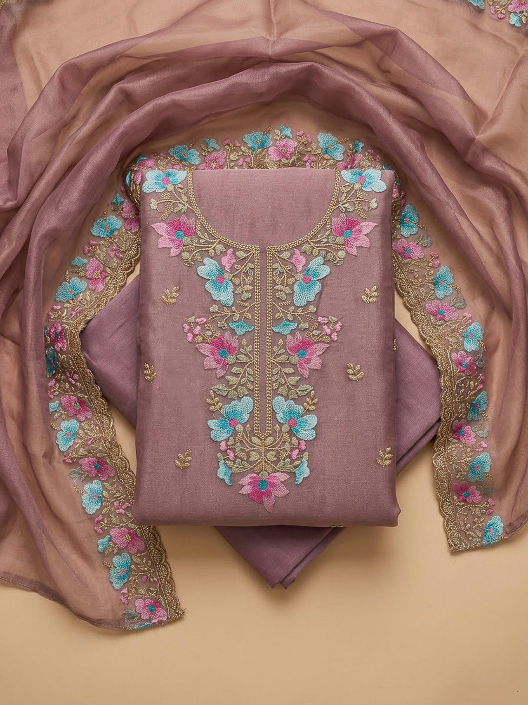 Purple Organza Embroidered Unstitched Dress Material
