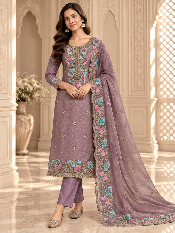 Purple Organza Embroidered Unstitched Dress Material