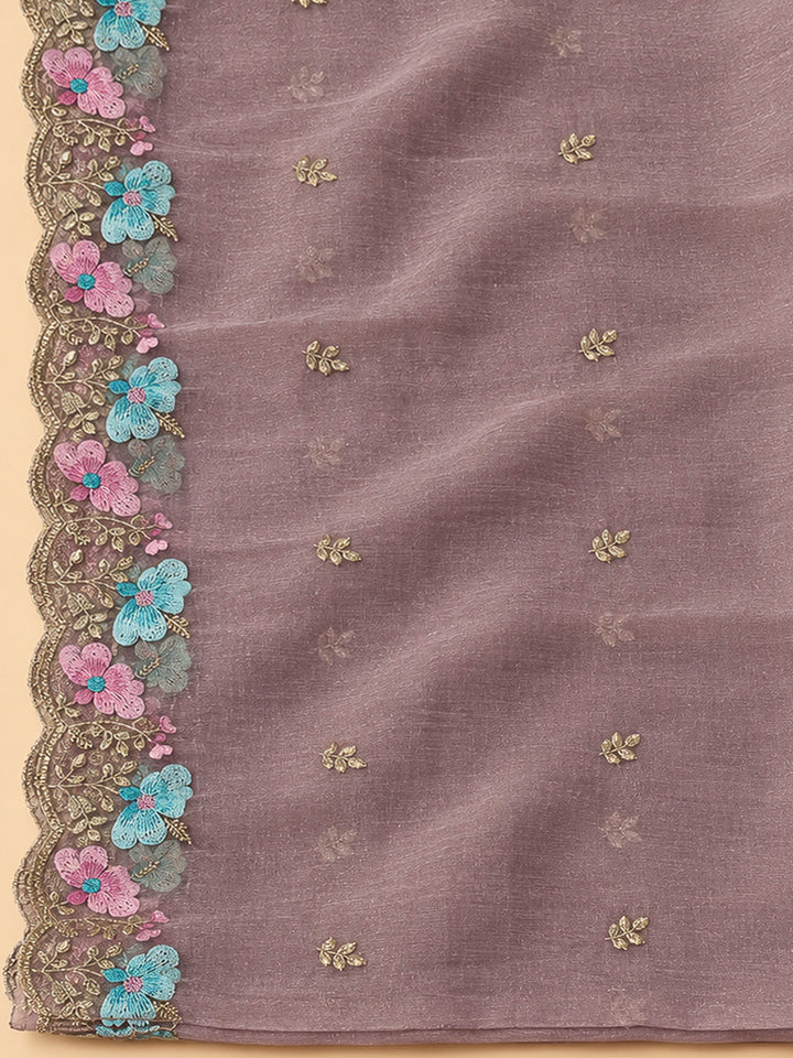Purple Organza Embroidered Unstitched Dress Material