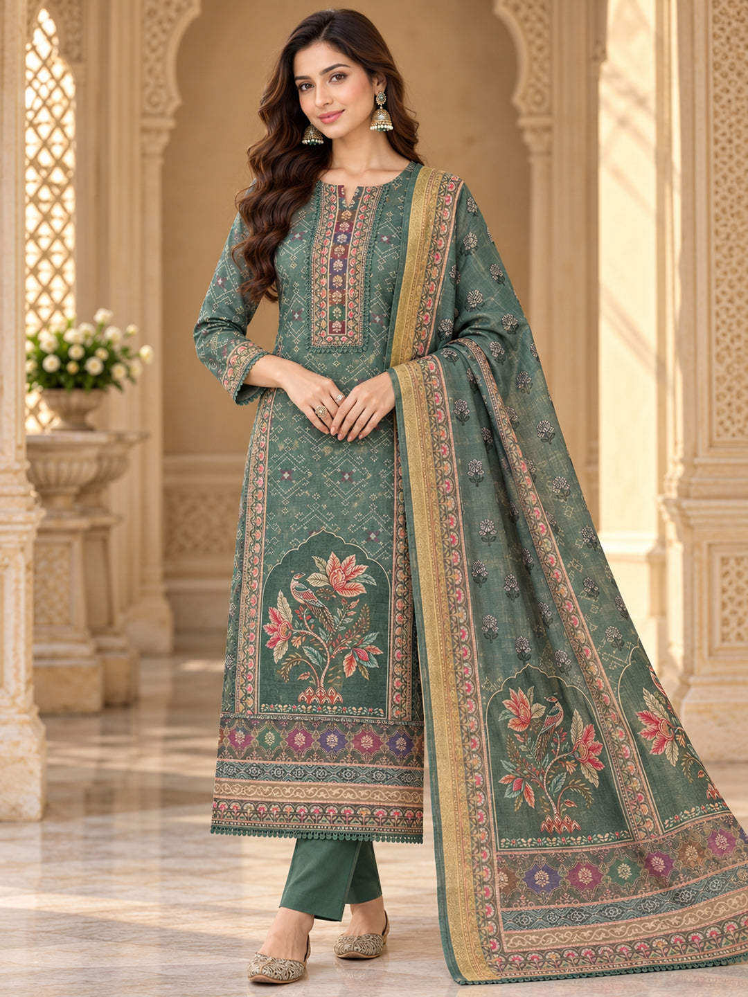 Bottle-Green Linen Blend Embroidered Unstitched Dress Material