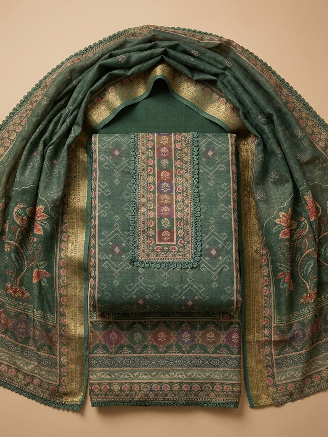 Bottle-Green Linen Blend Embroidered Unstitched Dress Material