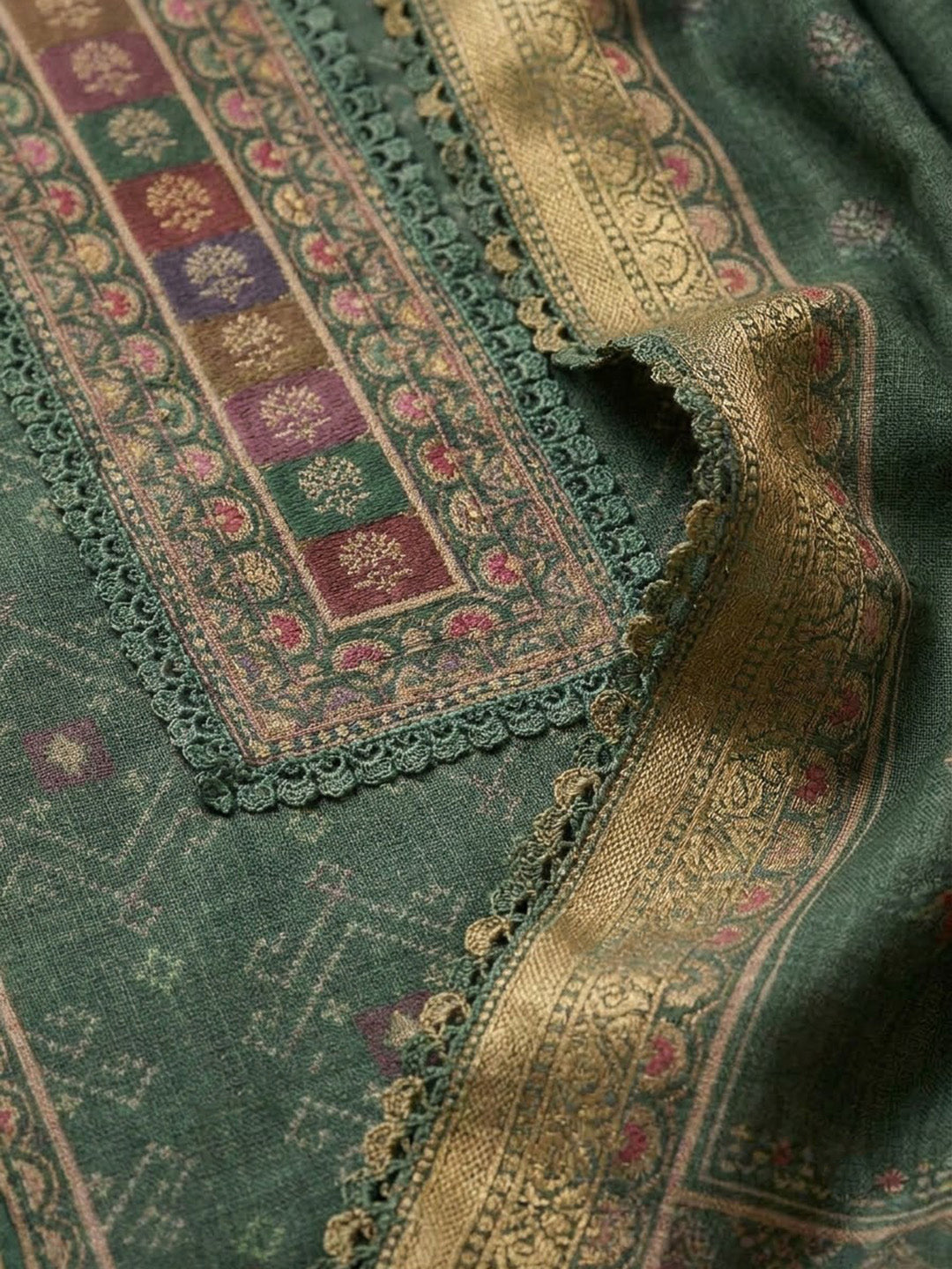 Bottle-Green Linen Blend Embroidered Unstitched Dress Material