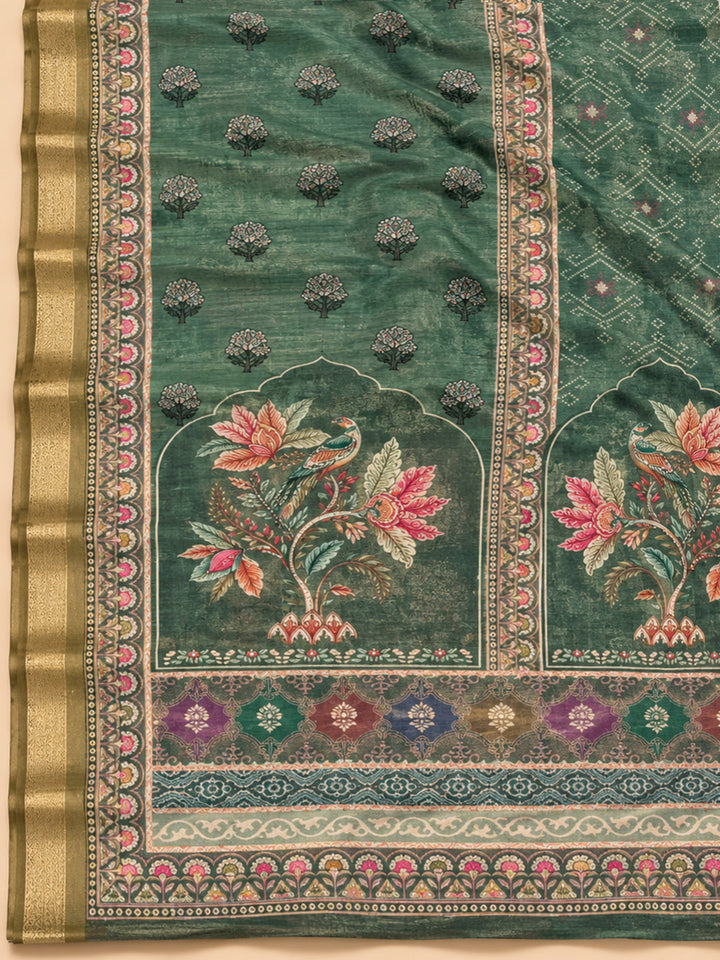 Bottle-Green Linen Blend Embroidered Unstitched Dress Material