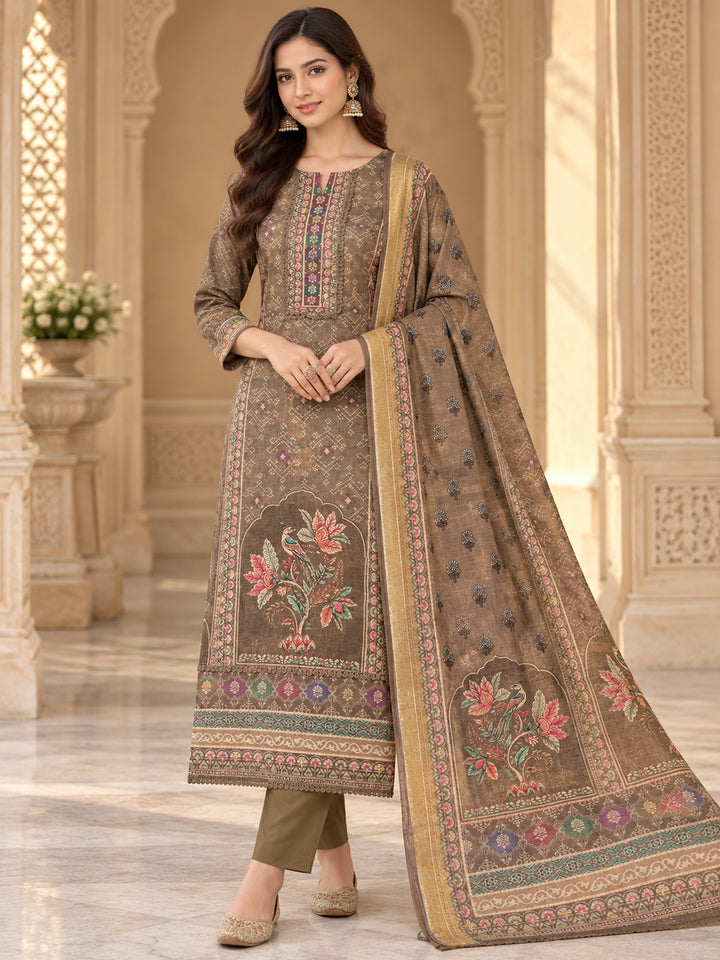 Brown Linen Blend Embroidered Unstitched Dress Material