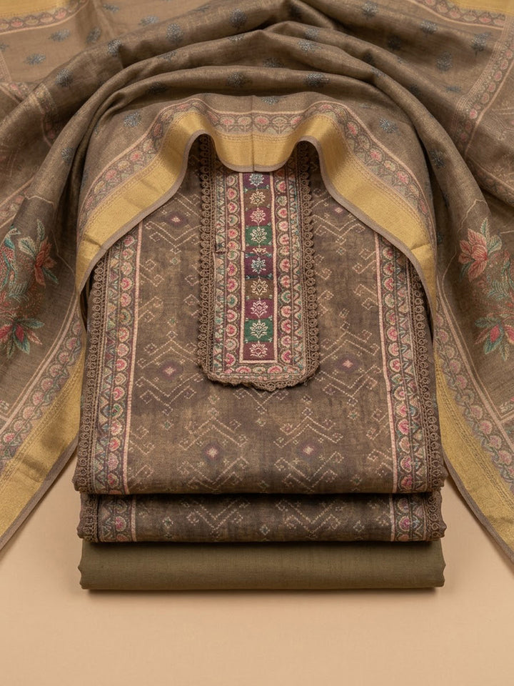 Brown Linen Blend Embroidered Unstitched Dress Material
