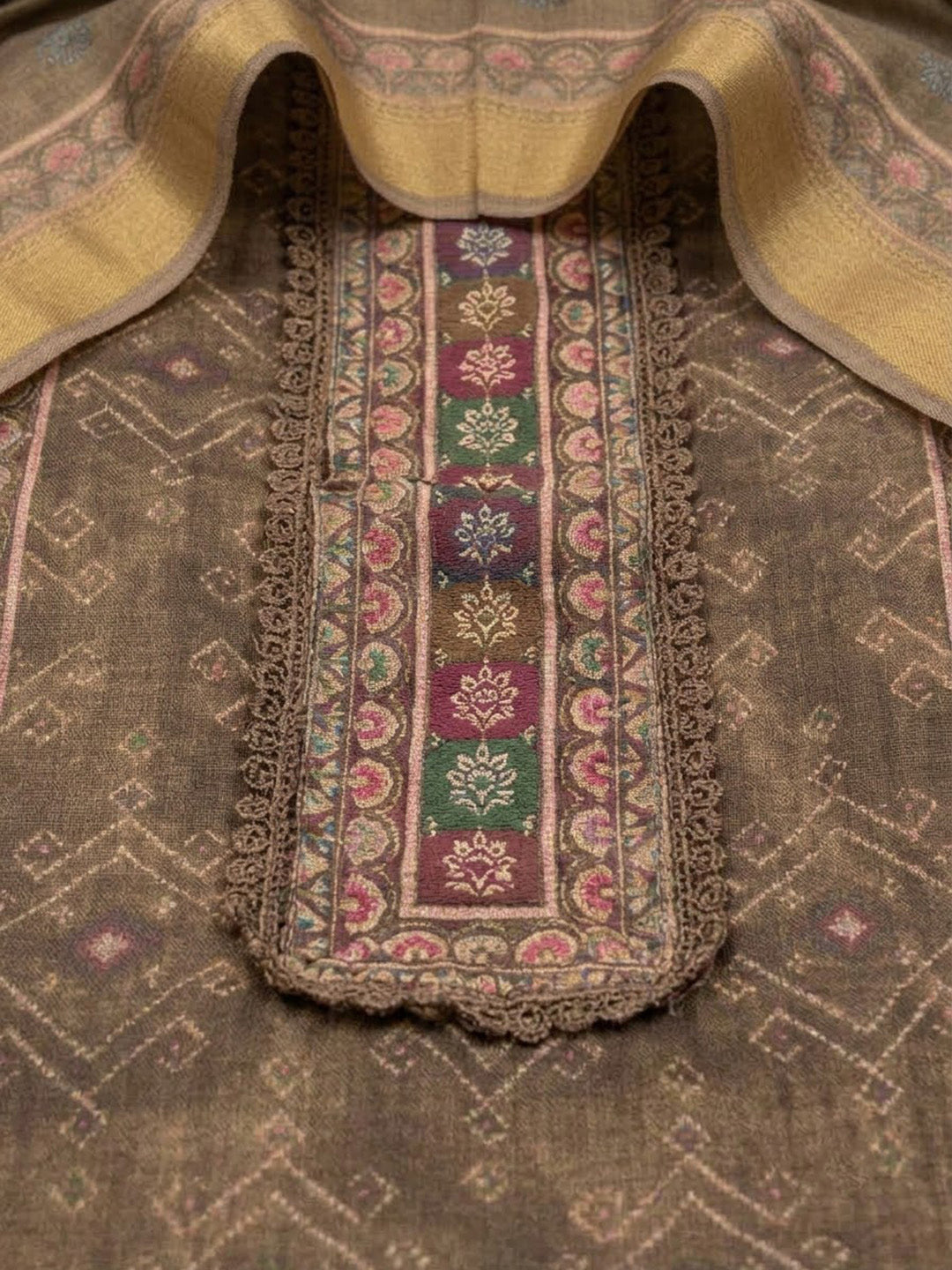 Brown Linen Blend Embroidered Unstitched Dress Material