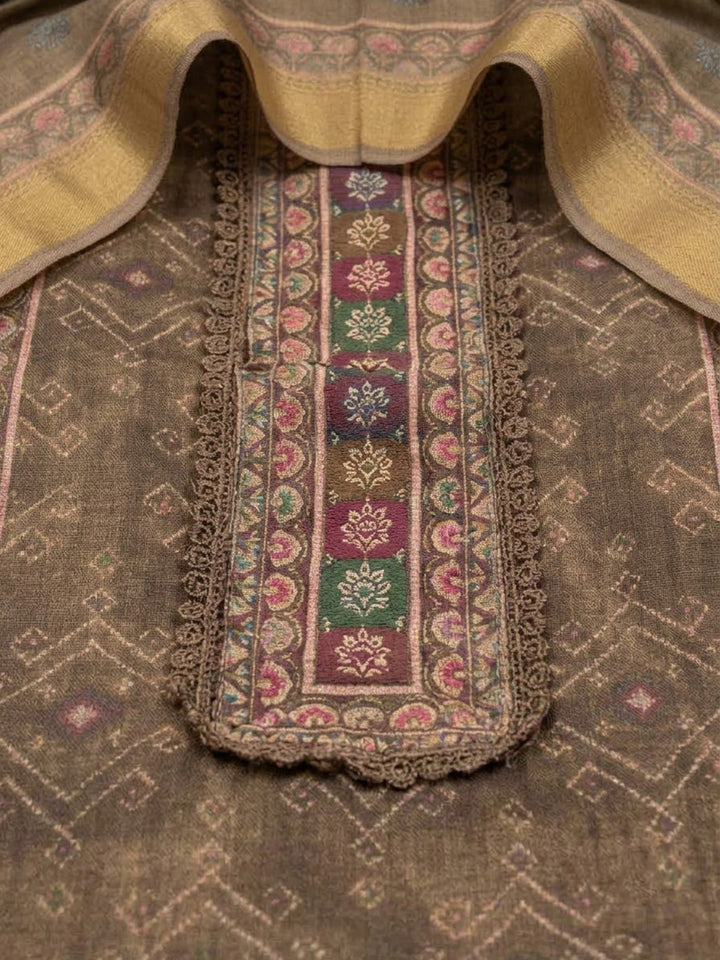 Brown Linen Blend Embroidered Unstitched Dress Material