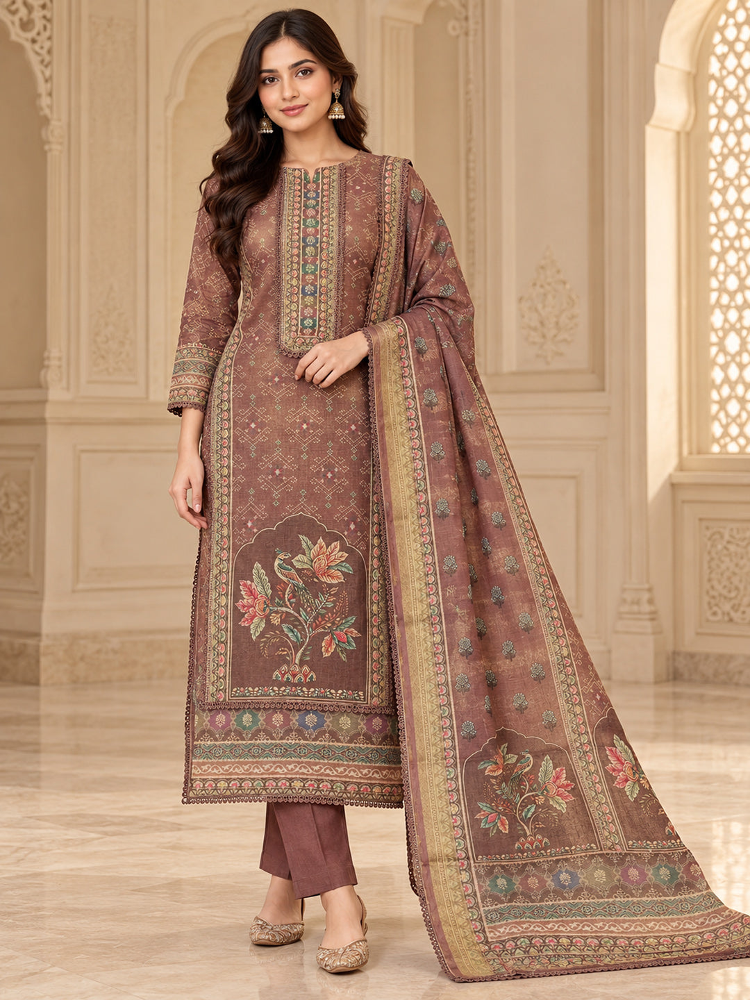 Onion-Pink Linen Blend Embroidered Unstitched Dress Material