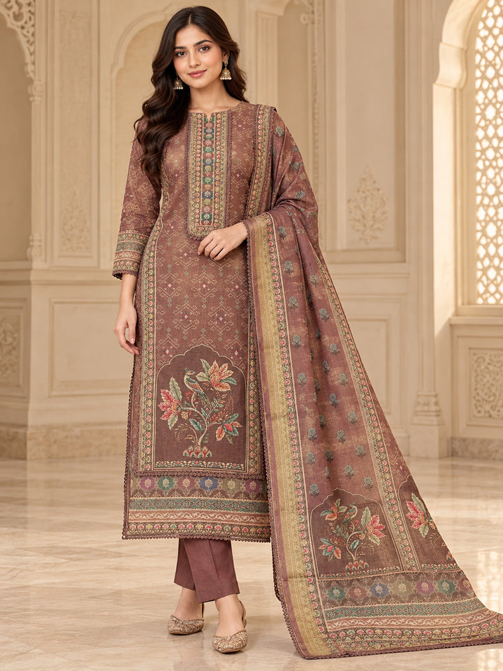 Onion-Pink Linen Blend Embroidered Unstitched Dress Material
