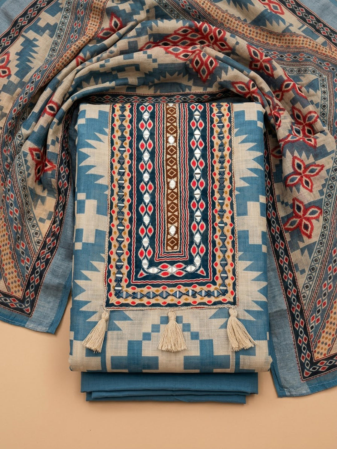 Blue Linen Blend Printed Unstitched Dress Material