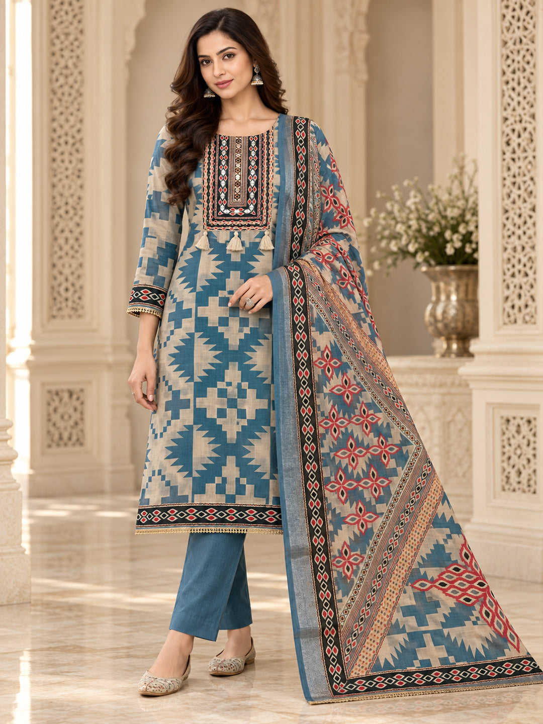 Blue Linen Blend Printed Unstitched Dress Material