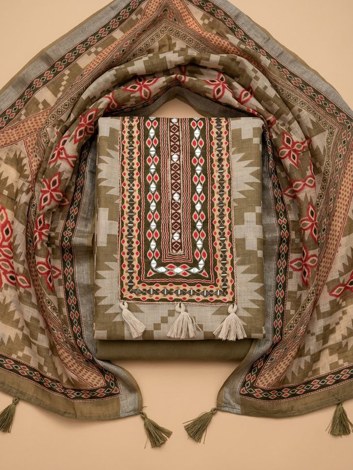 Mehndi Linen Blend Printed Unstitched Dress Material