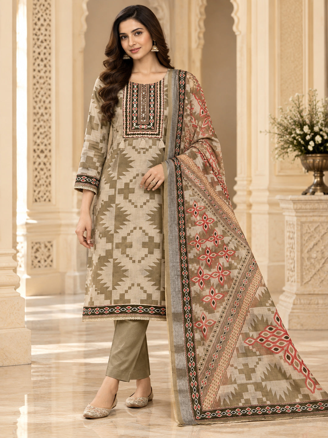 Mehndi Linen Blend Printed Unstitched Dress Material