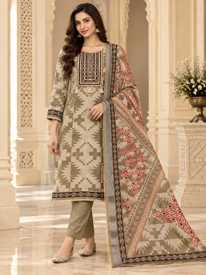 Mehndi Linen Blend Printed Unstitched Dress Material