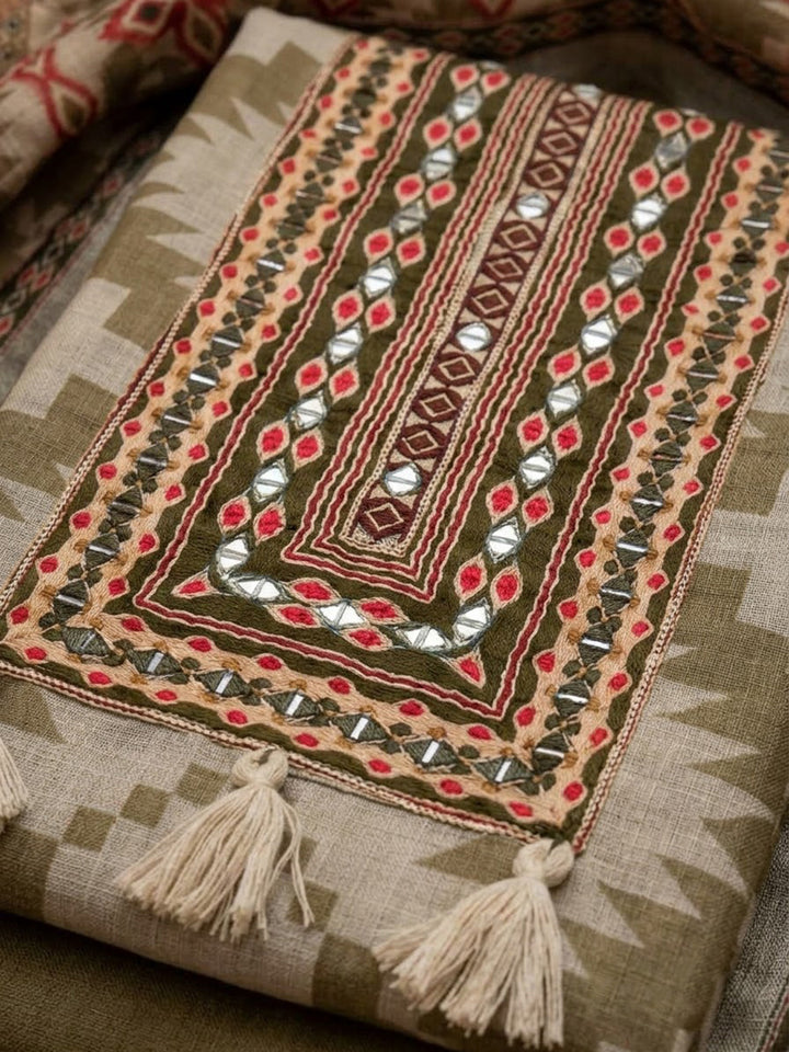 Mehndi Linen Blend Printed Unstitched Dress Material