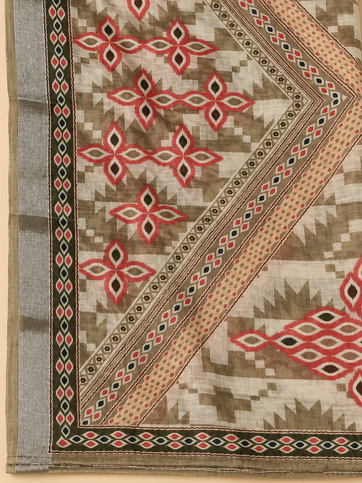 Mehndi Linen Blend Printed Unstitched Dress Material