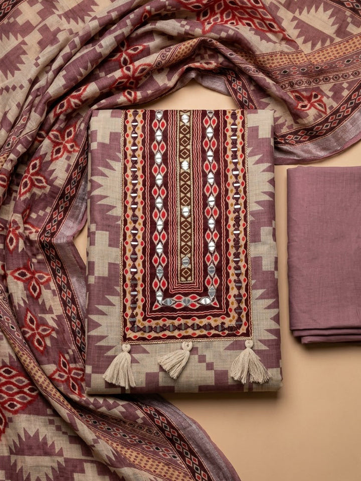Onion Pink Linen Blend Printed Unstitched Dress Material