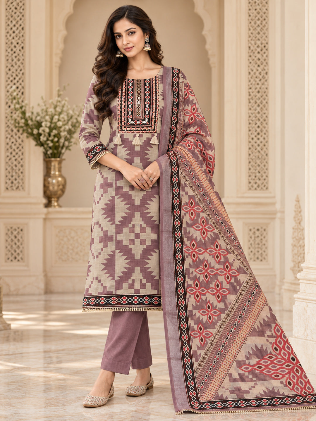 Onion Pink Linen Blend Printed Unstitched Dress Material