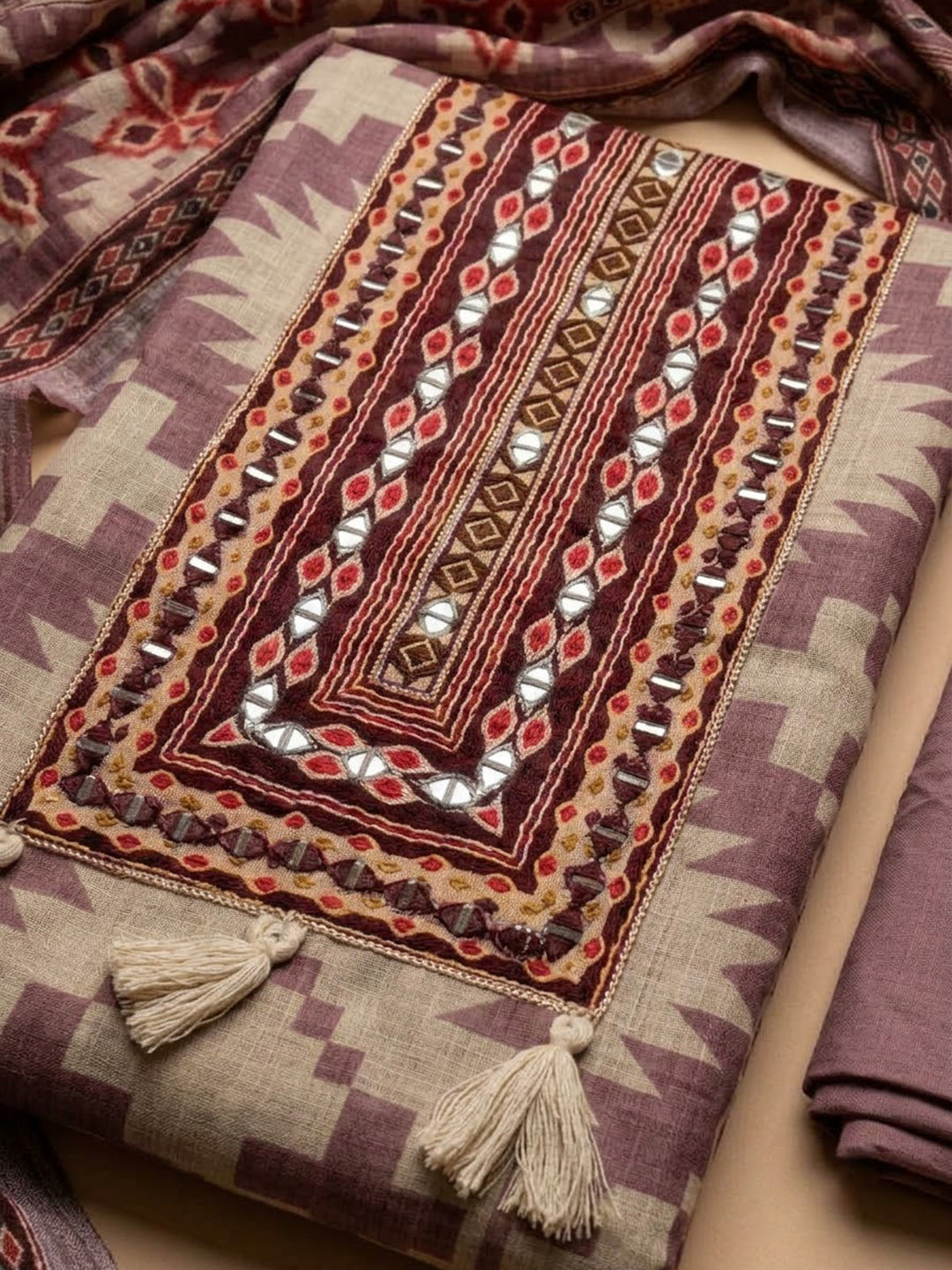 Onion Pink Linen Blend Printed Unstitched Dress Material