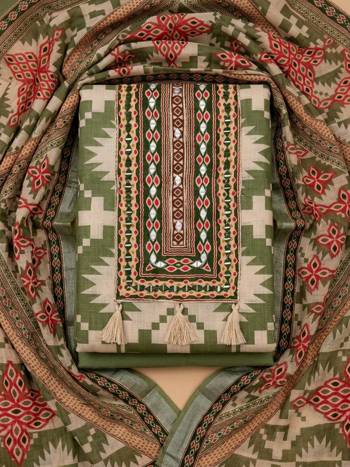Pista Green Linen Blend Printed Unstitched Dress Material