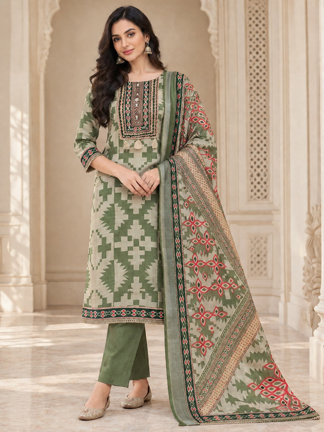 Pista Green Linen Blend Printed Unstitched Dress Material