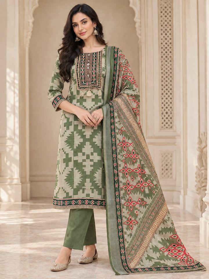 Pista Green Linen Blend Printed Unstitched Dress Material