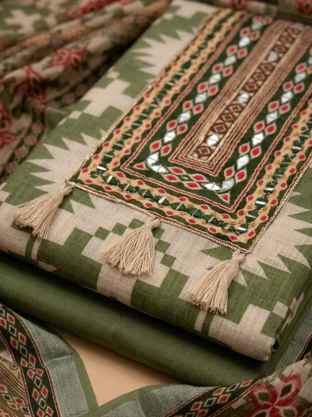 Pista Green Linen Blend Printed Unstitched Dress Material