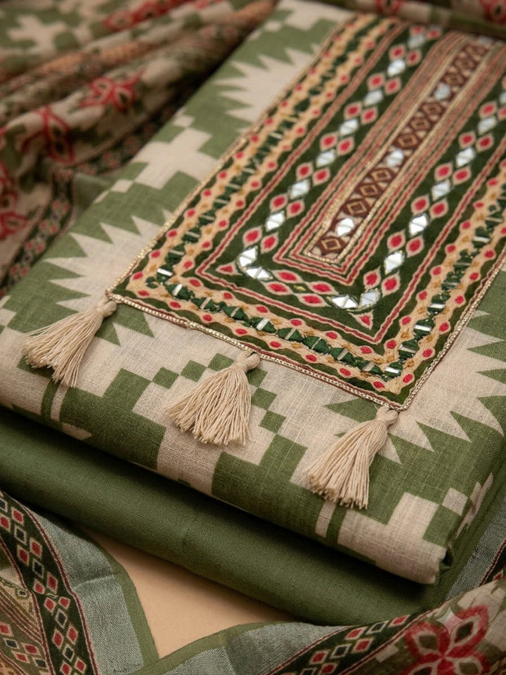 Pista Green Linen Blend Printed Unstitched Dress Material