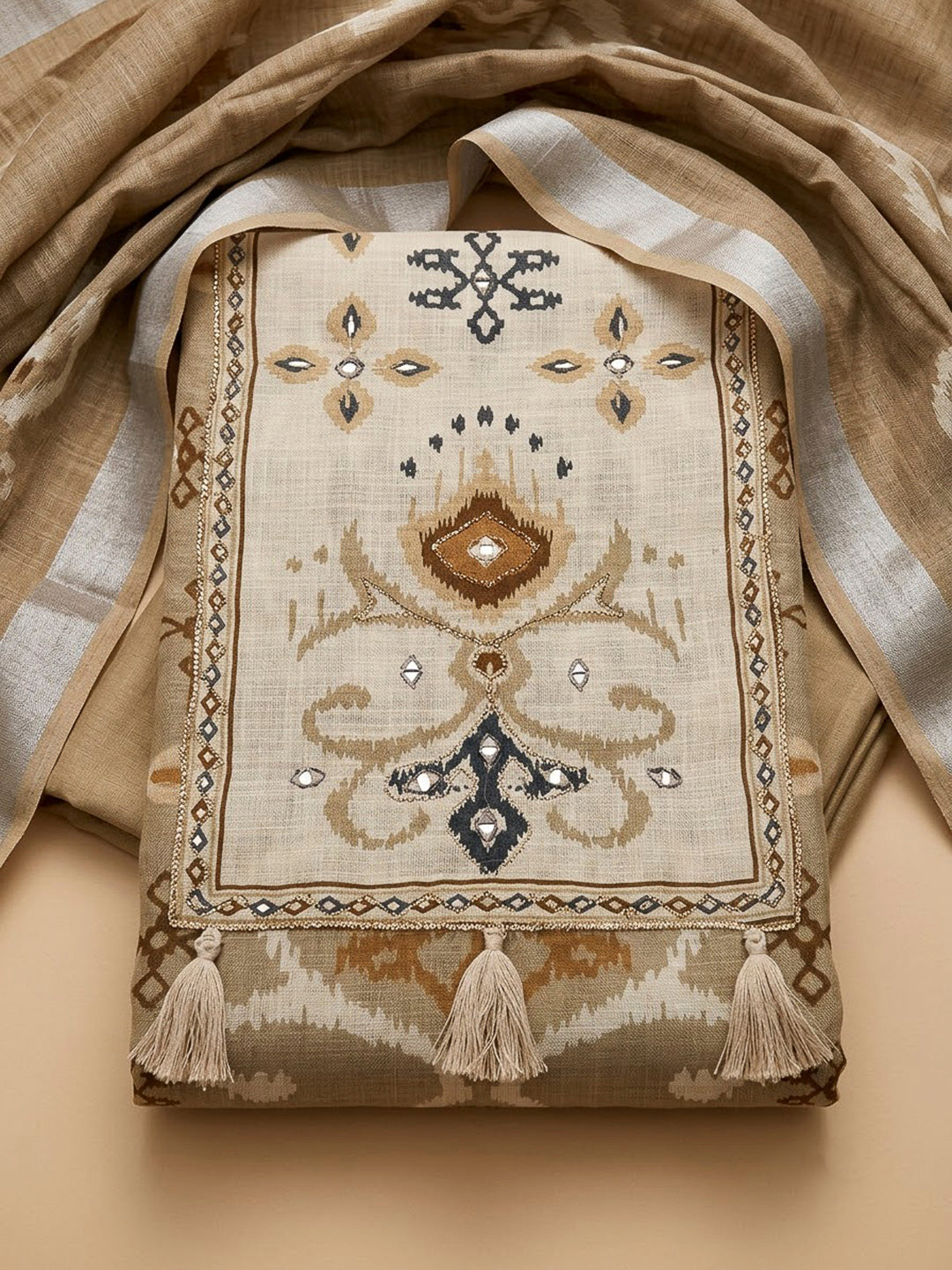 Beige Linen Blend Embroidered Unstitched Dress Material