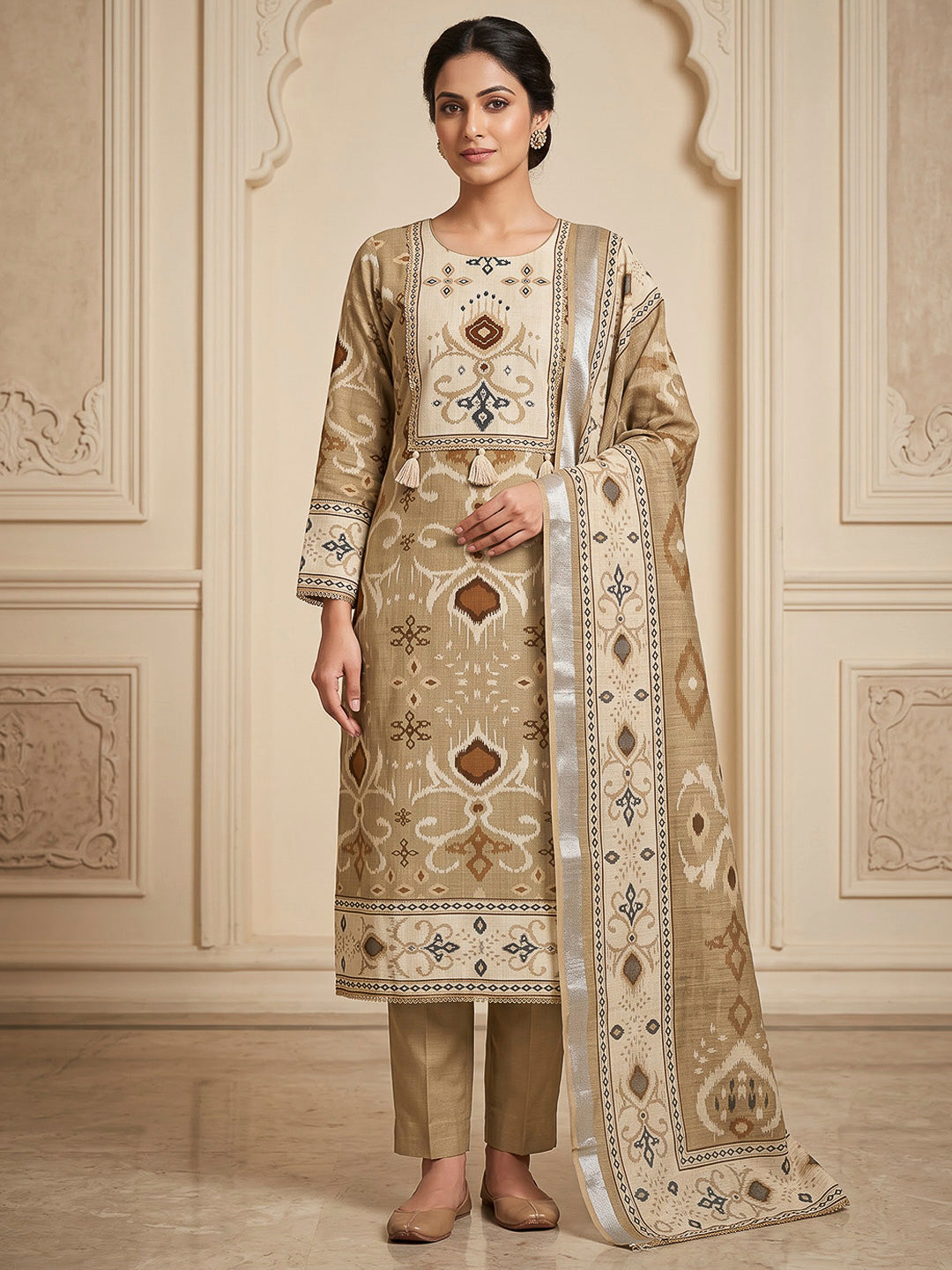 Beige Linen Blend Embroidered Unstitched Dress Material