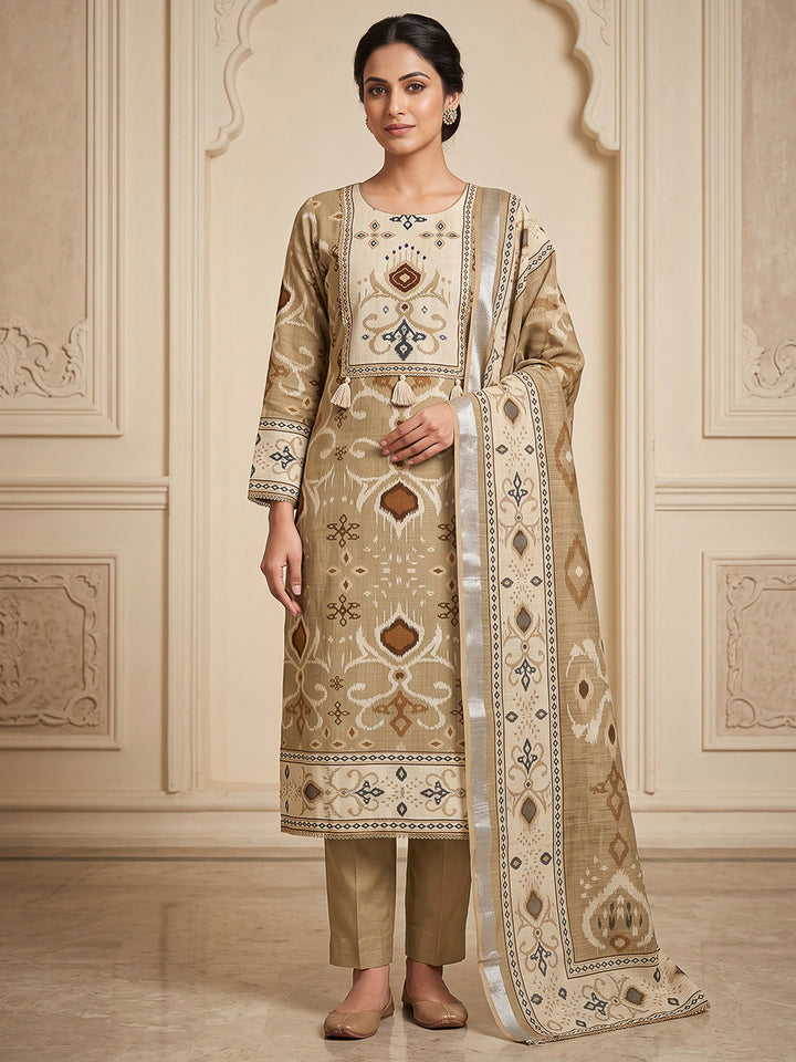 Beige Linen Blend Embroidered Unstitched Dress Material
