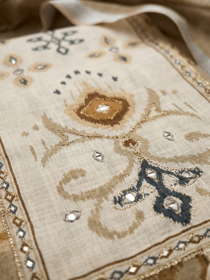 Beige Linen Blend Embroidered Unstitched Dress Material