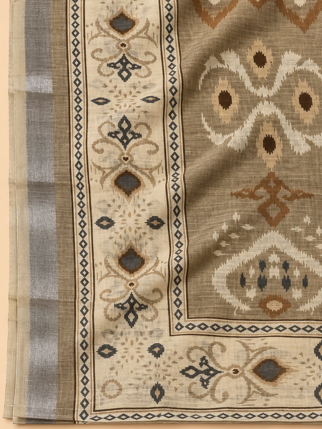 Beige Linen Blend Embroidered Unstitched Dress Material