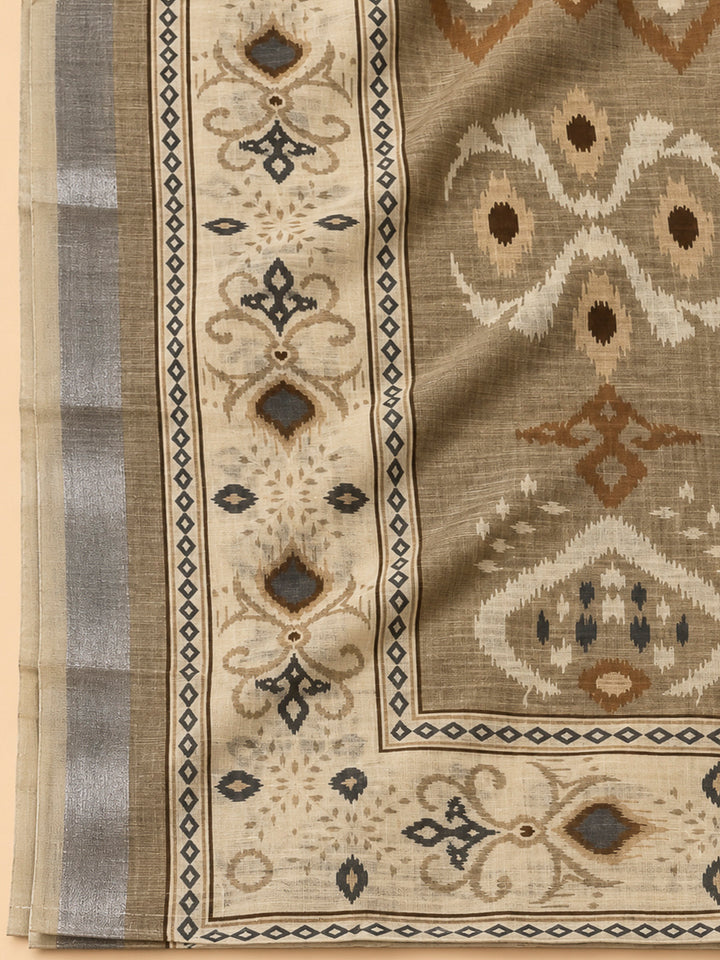 Beige Linen Blend Embroidered Unstitched Dress Material