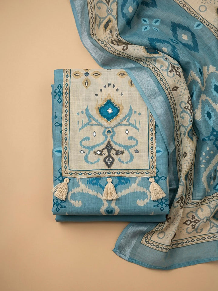 Blue Linen Blend Embroidered Unstitched Dress Material