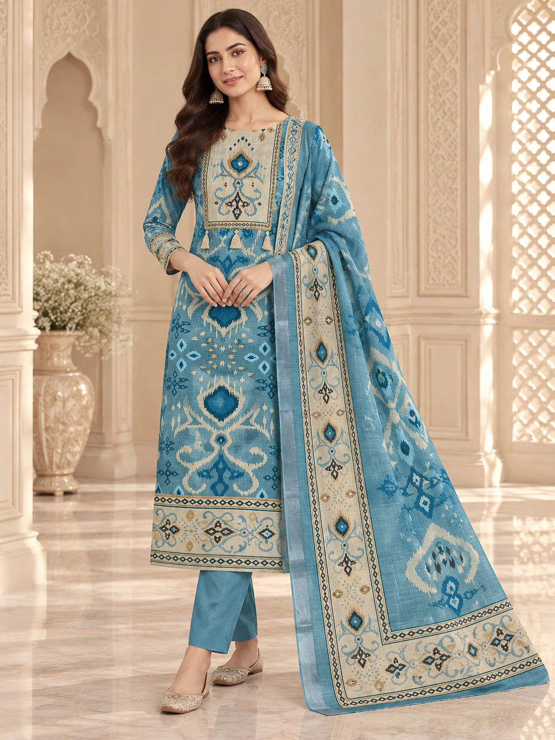 Blue Linen Blend Embroidered Unstitched Dress Material