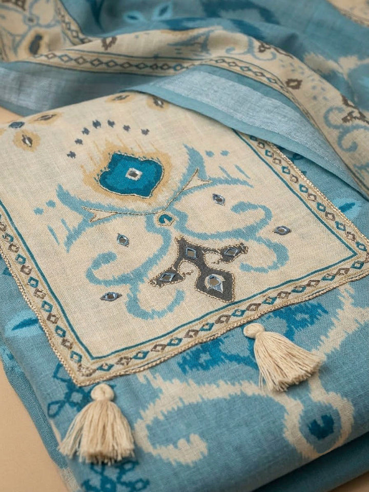 Blue Linen Blend Embroidered Unstitched Dress Material