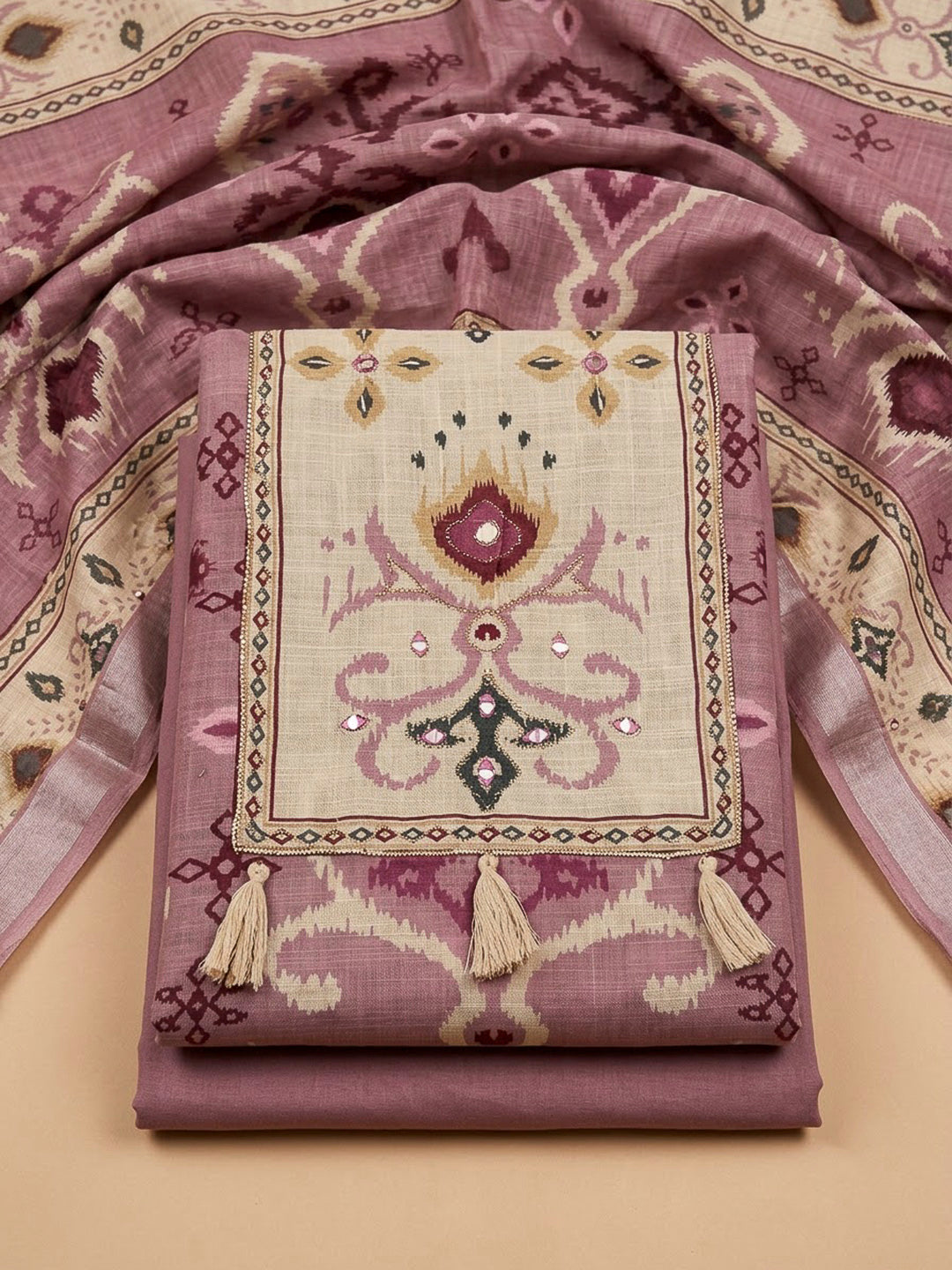 Onion Pink Linen Blend Embroidered Unstitched Dress Material