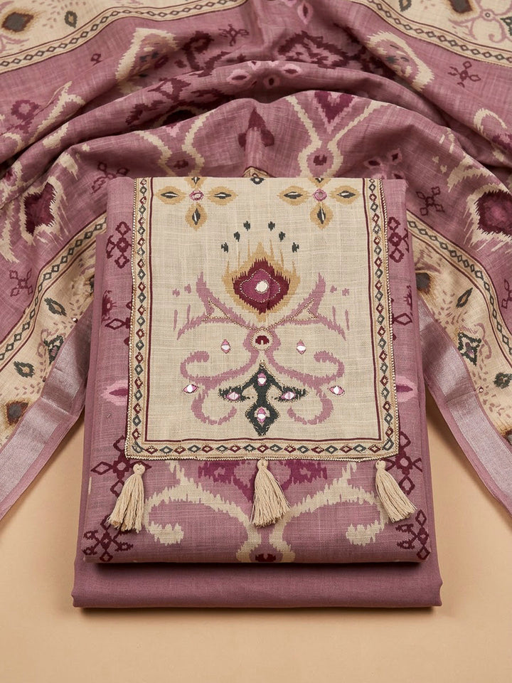 Onion Pink Linen Blend Embroidered Unstitched Dress Material