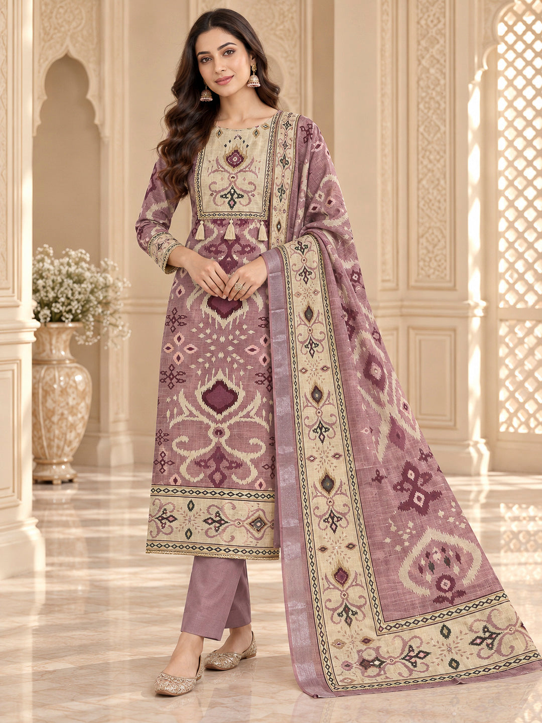 Onion Pink Linen Blend Embroidered Unstitched Dress Material