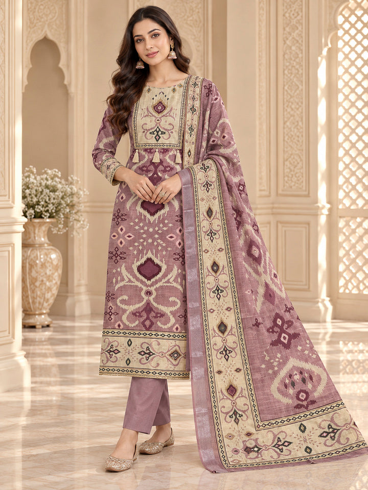 Onion Pink Linen Blend Embroidered Unstitched Dress Material
