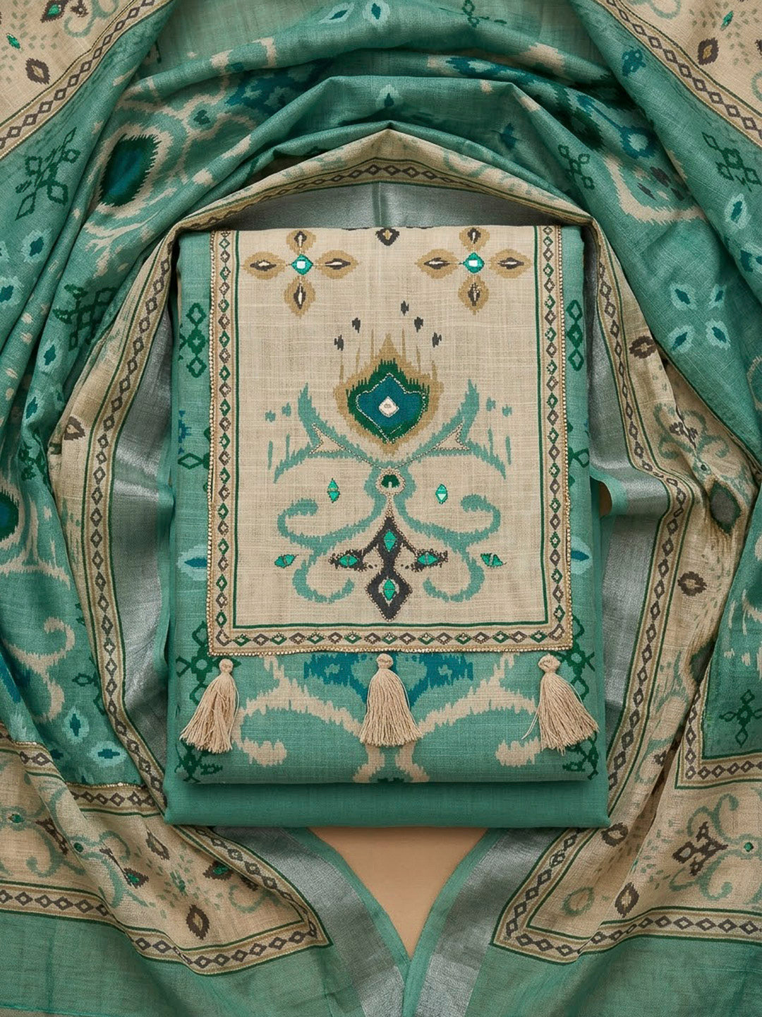 Sea Green Linen Blend Embroidered Unstitched Dress Material