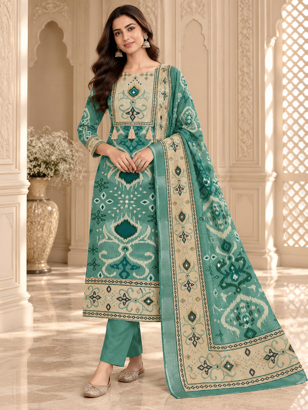 Sea Green Linen Blend Embroidered Unstitched Dress Material