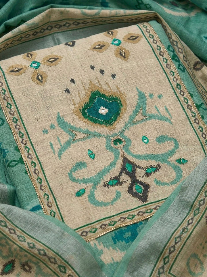 Sea Green Linen Blend Embroidered Unstitched Dress Material