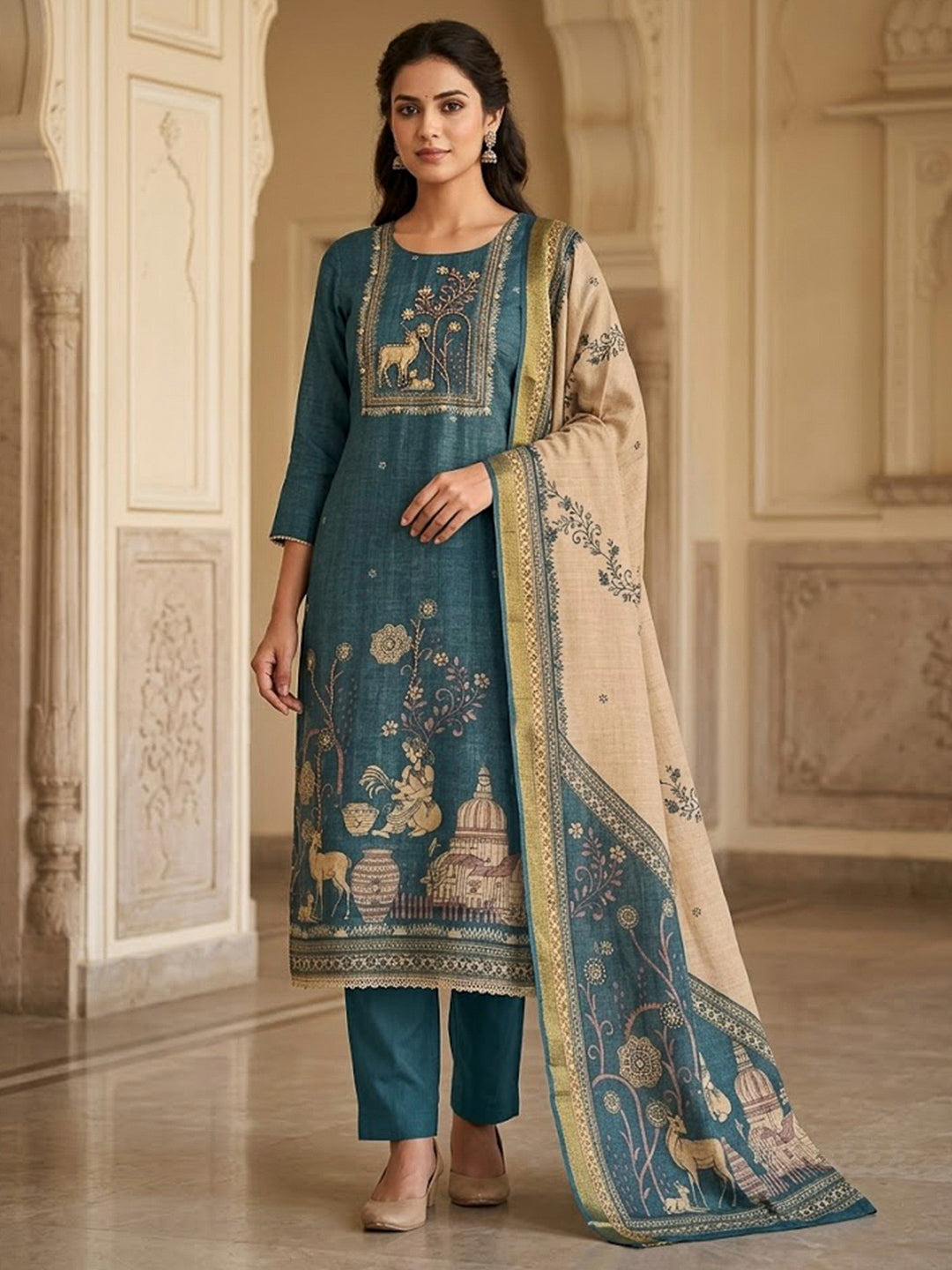 Blue Linen Blend Embroidered Unstitched Dress Material
