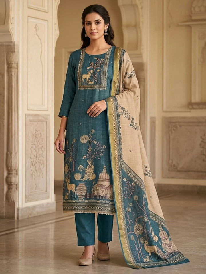 Blue Linen Blend Embroidered Unstitched Dress Material