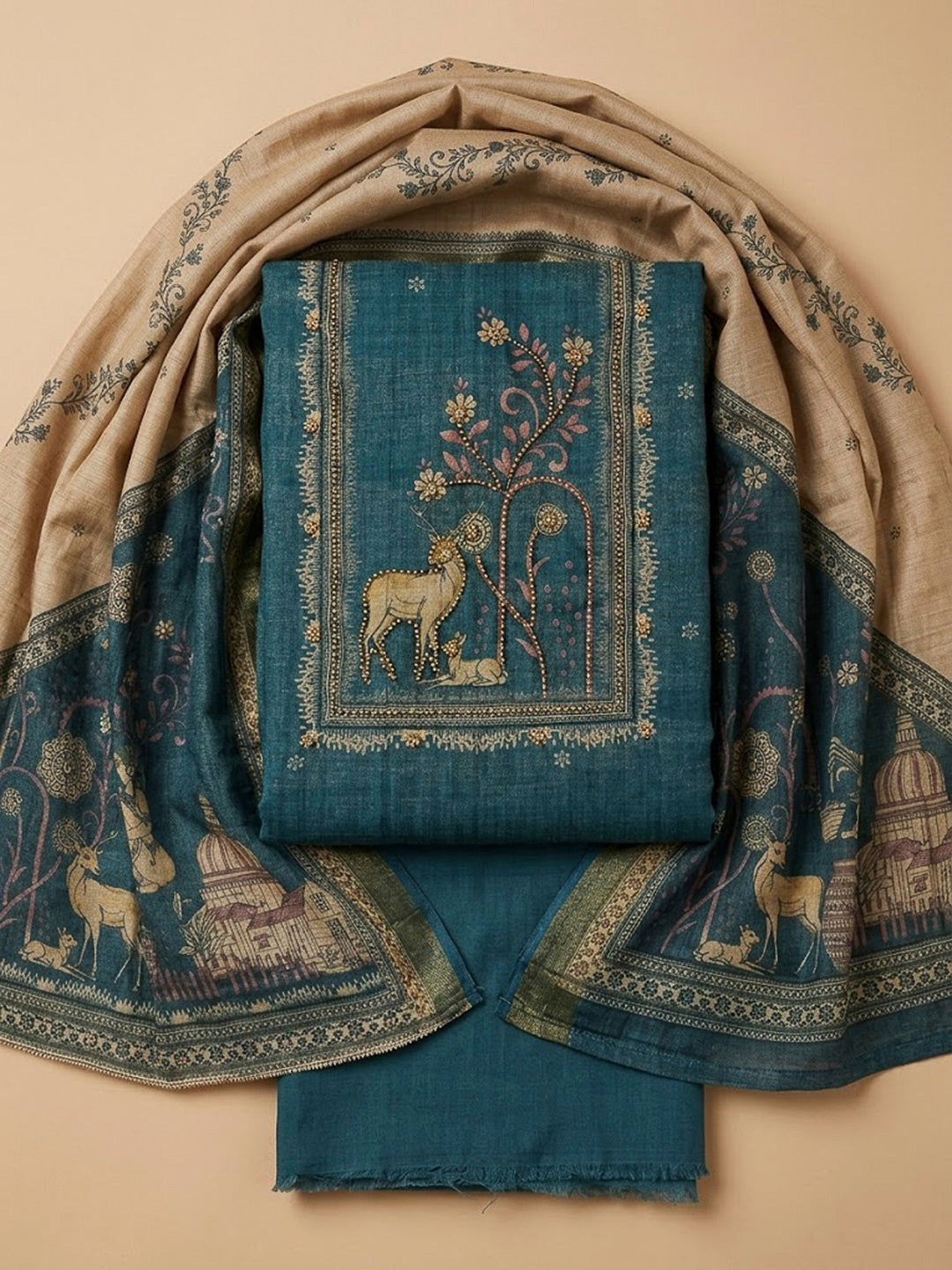 Blue Linen Blend Embroidered Unstitched Dress Material