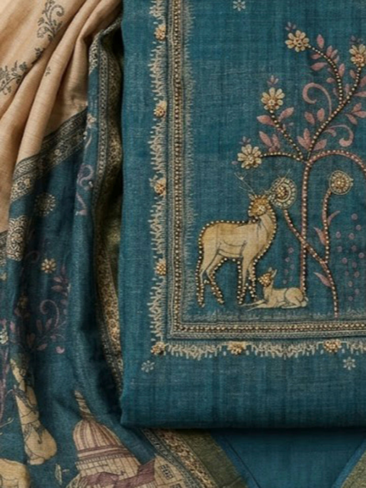 Blue Linen Blend Embroidered Unstitched Dress Material