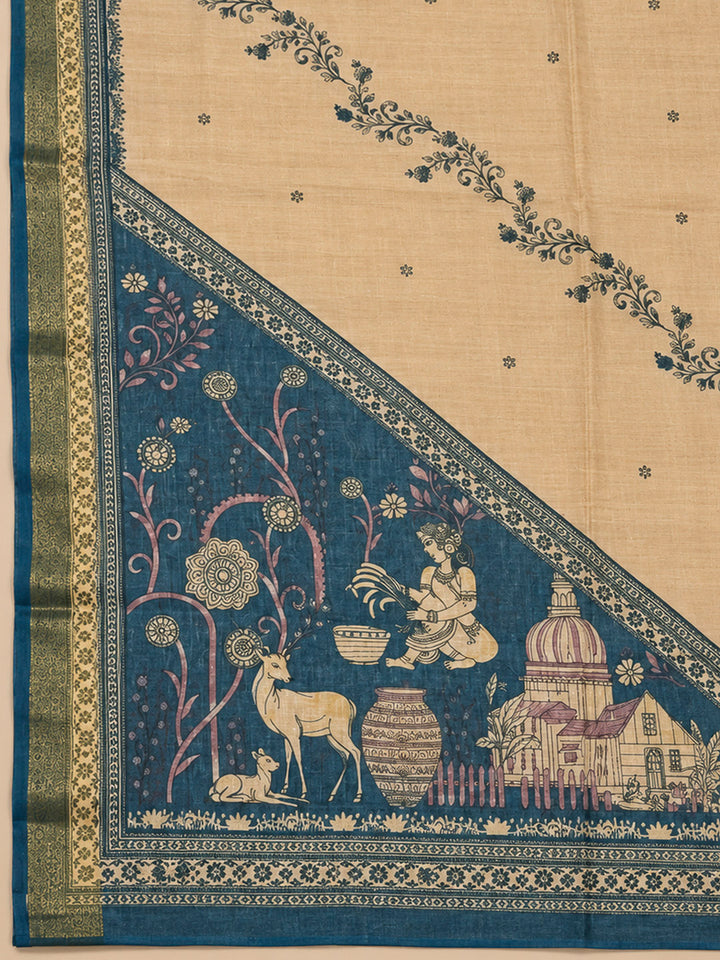 Blue Linen Blend Embroidered Unstitched Dress Material