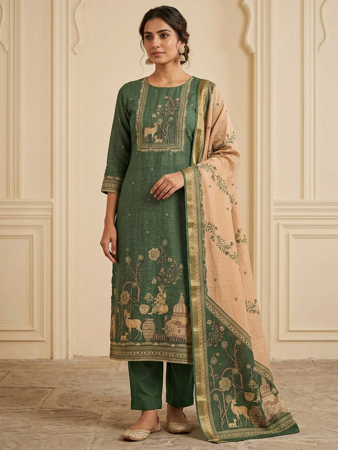 Green Linen Blend Embroidered Unstitched Dress Material